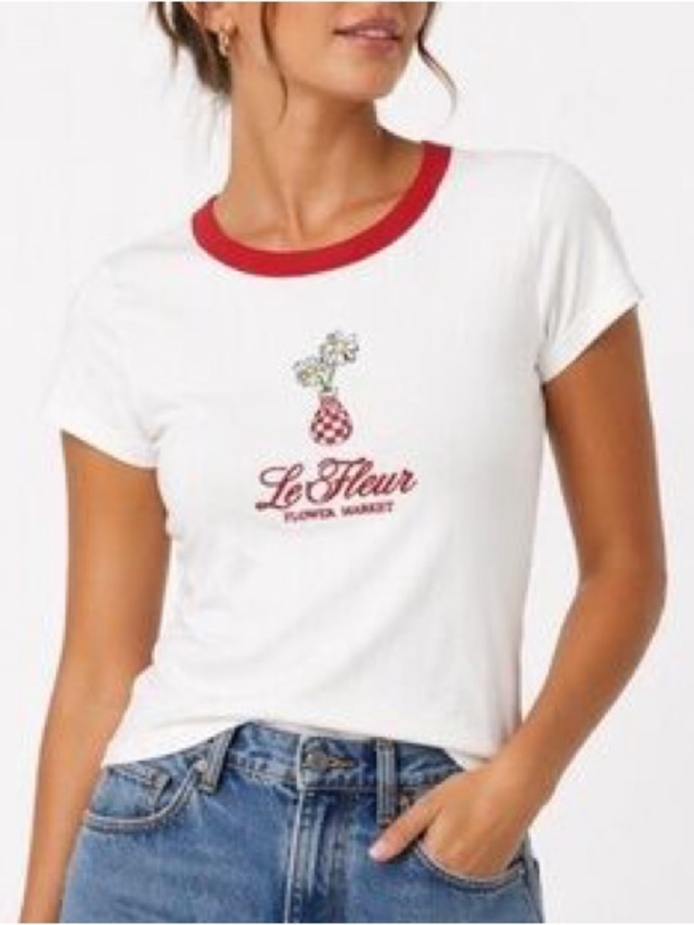 NWOT Old Navy White Ringer Tee with Red Trim and Floral Vase Graphic